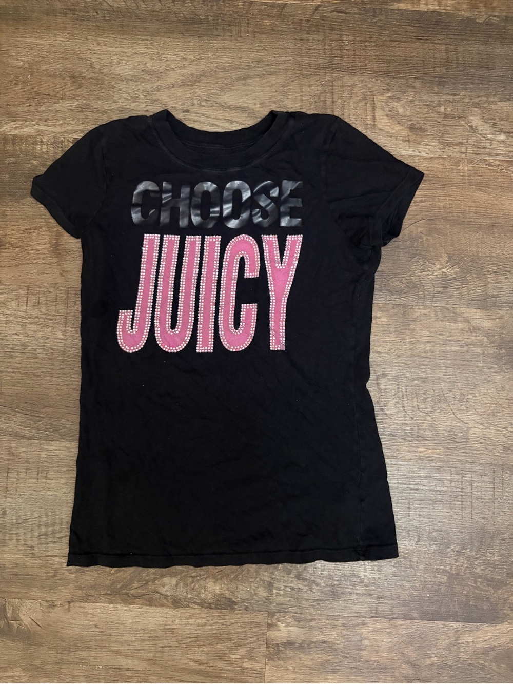 Juicy Couture Black Tee with Pink 'JUICY' Rhinestone Graphic